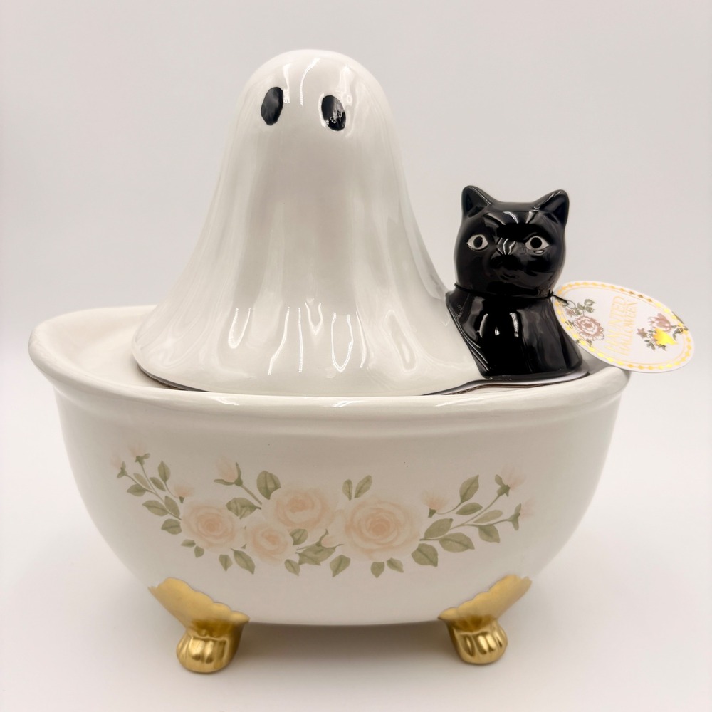 Haunted Halloween Ghost Black Cat Clawfoot Bathtub Ceramic Cookie Jar Candy Dish